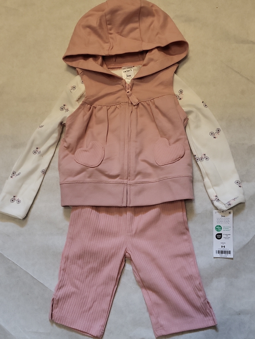 NWT Carter's pink hooded vest, cream bodysuit & pink ribbed pants set